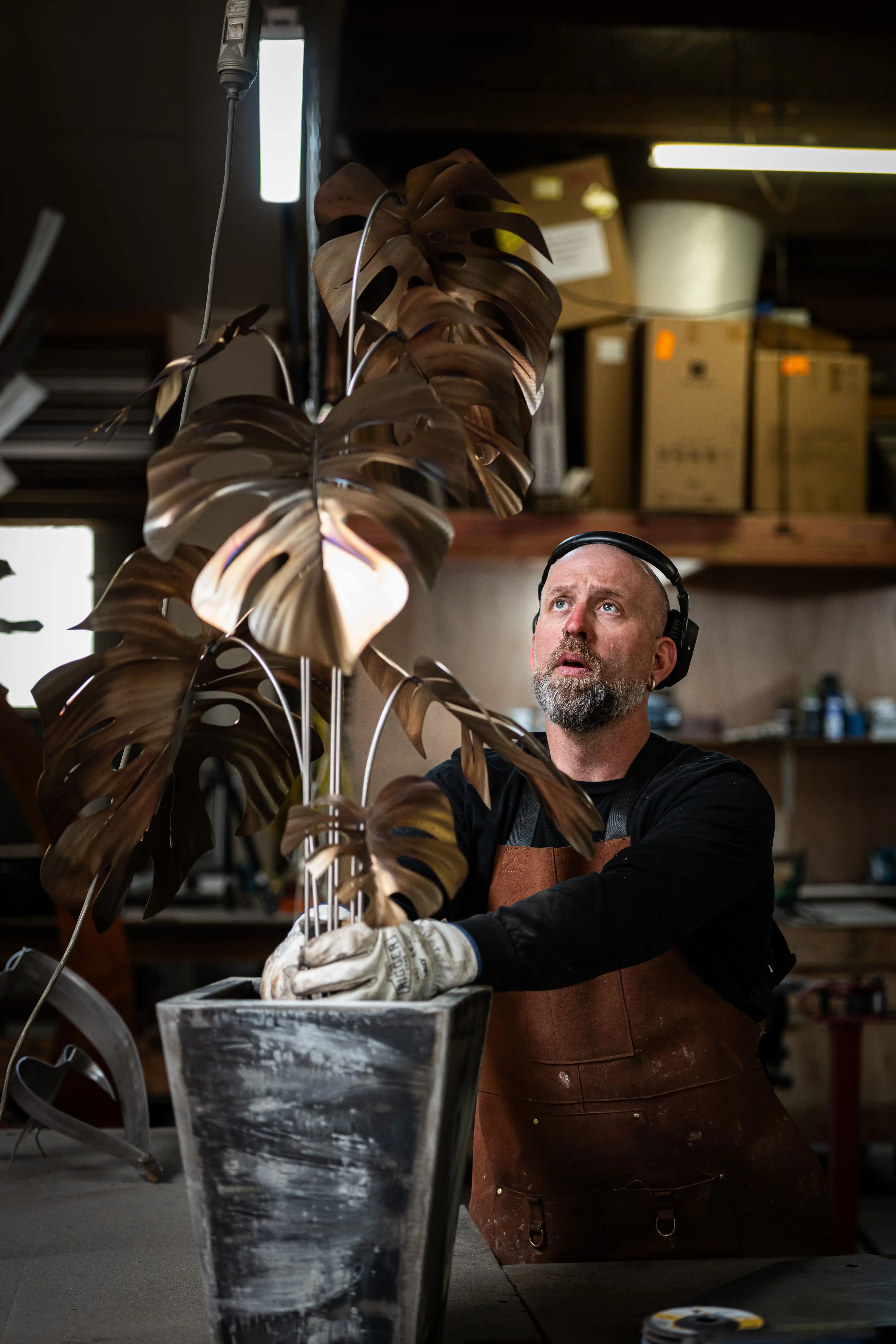 Metal monstera sculpture in progress
