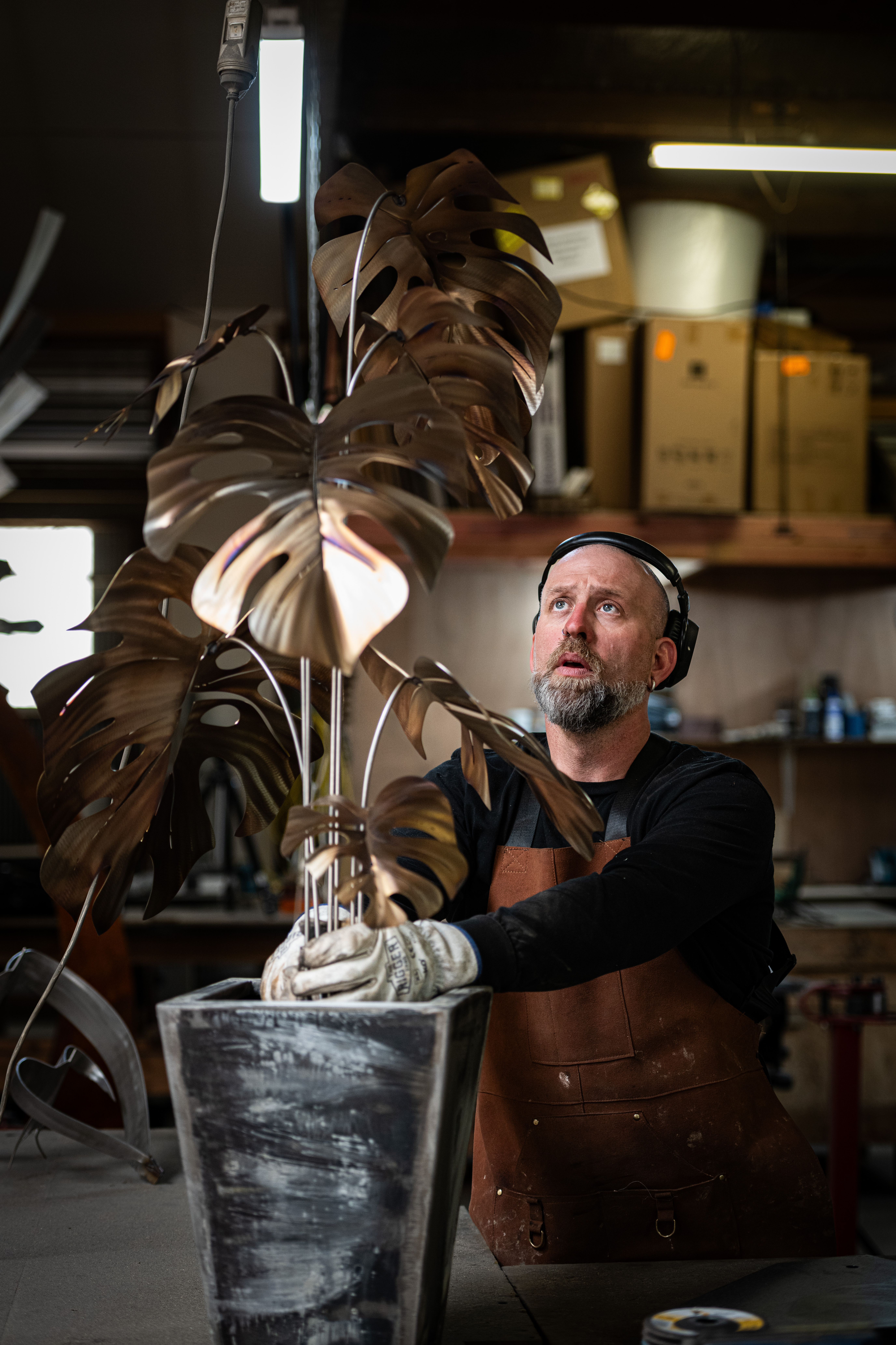 Metal monstera sculpture in progress